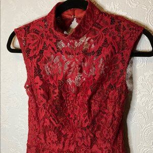Betsy & Adam burgundy lace backless gown